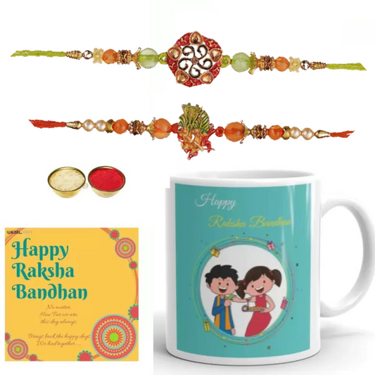 JaipurCrafts Premium Combo of Printed Mug Rakhi Gift for Brother Combo Pack (3 Rakhi for Bhaiya Bhabhi and Kids, 1 Greeting Card, 1 Ceramic Printed Mug, and Roli Chawal)|