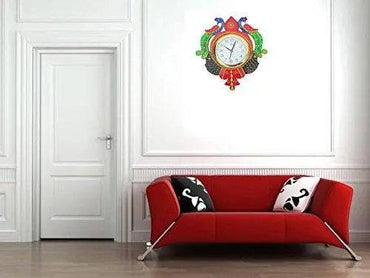JaipurCrafts Wooden Peacock Emboss Painting Wall Clock (12 X 14 Inch, Multicolour)