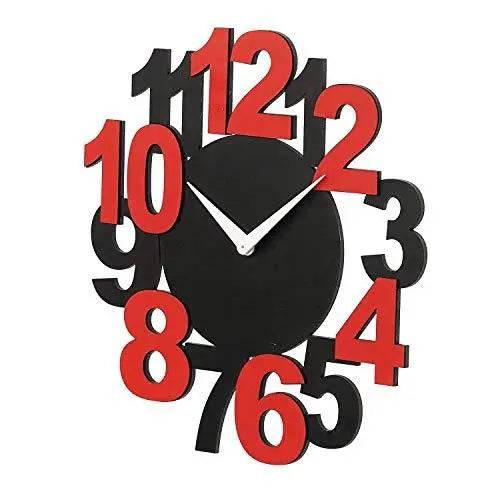 Webelkart New and Improved Stylish Beautiful Big Numbers Round Wood Wall Clock (30 cm x 30 cm x 2.8 cm, Black, Red)- Without Glass
