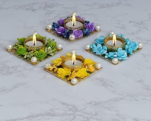 Webelkart Premium Set of 4 Tealight Candle Holder for Home Decor, Mosaic Glass, Balcony Decoration Items Outdoor, Balcony Decor,Candle Stand,Flowers ( Pack of 4 , 3.5 Inches) Brand: Webelkart