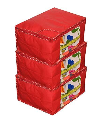 JaipurCrafts 3 Pieces Non Woven Saree Cover Set, Red (45 x 35 x 22 cm)