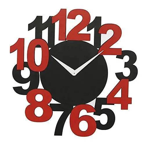 Webelkart New and Improved Stylish Beautiful Big Numbers Round Wood Wall Clock (30 cm x 30 cm x 2.8 cm, Black, Red)- Without Glass