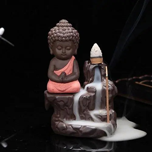 JaipurCrafts WebelKart Buddha Smoke Fountain |Buddha Incense Burner | Meditating Monk Buddha Smoke Backflow Cone Incense Holder Decorative Showpiece |Buddha Idol | Buddha Fountain |Buddha Statue (Orange) With Free 10 Back flow Incense Cones