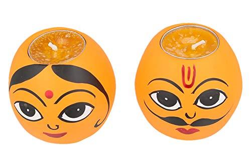 JaipurCrafts Multicolor Colors Wooden Rajasthani King and Queen Bisque T Light Holder Votive Set