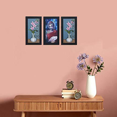 JaipurCrafts Gautam Buddha Set of 3 Large Framed UV Digital Reprint Painting (Wood, Synthetic, 33 cm x 61 cm)