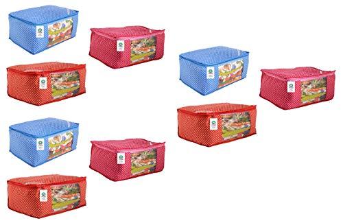 JaipurCrafts 9 Pieces Quilted Polka Dots Cotton Saree Cover Set, Blue, Red, Pink (46 x 35 x 22 cm)