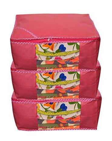 JaipurCrafts 3 Pieces Non Woven Saree Cover Set, Pink (45 x 35 x 22 cm)
