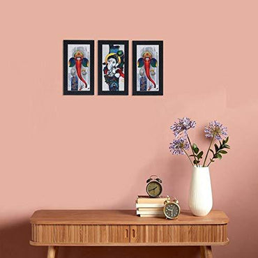 JaipurCrafts Lord Ganesha Set of 3 Large Framed UV Digital Reprint Painting (Wood, Synthetic, 33 cm x 61 cm)