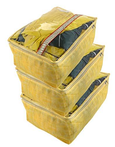 JaipurCrafts 3 Pieces Non Woven Saree Cover Set, Golden (45 x 32 x 22 cm)