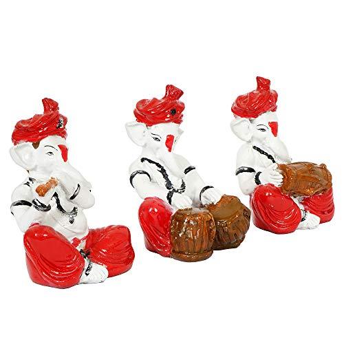 Webelkart Polyresin Lord Ganesha Musician Showpiece, 4.50 IN, Red, Multicolour, 3 Piece