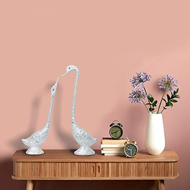JaipurCrafts Pair of Kissing Duck Showpiece| White Metal Silver Plated Pair of Swan Statue Showpiece| Handicraft Animal Figure Antique Gift Items-Big Size (Silver- 19 in)