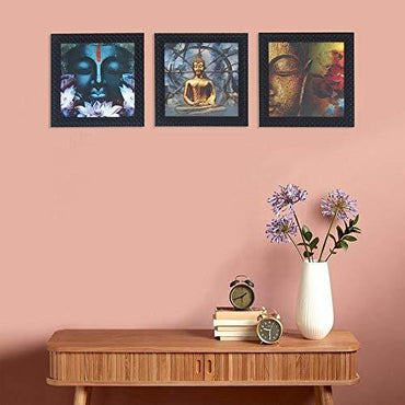 JaipurCrafts Gautam Buddha Set of 3 Framed UV Digital Reprint Painting (Wood, Synthetic, 26 cm x 76 cm)
