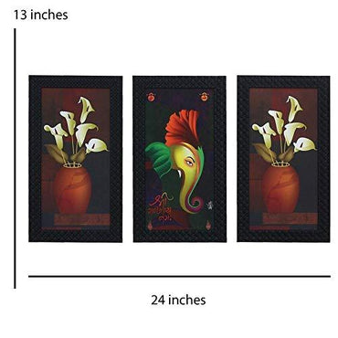 JaipurCrafts Lord Ganesha Set of 3 Large Framed UV Digital Reprint Painting (Wood, Synthetic, 33 cm x 61 cm)