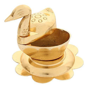JaipurCrafts Zinc Roli-Chandan, Chawal-Akshat-Haldi -Kumkum Box with Loving Bird Duck Pair Chopda Showpiece for Pooja Purpose (6.50 cm, Gold)