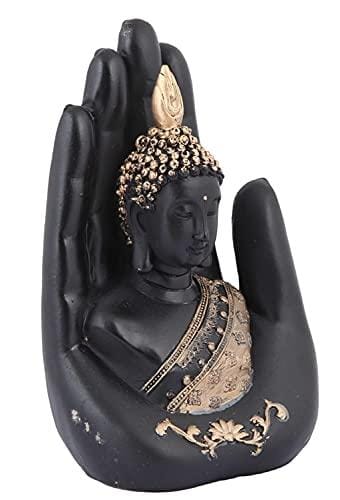 Premium Combo of Rakhi Gift for Brother and Bhabhi and Kids with Resin Palm Buddha Showpiece, 7 Inch, Black, Gold