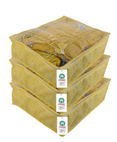 JaipurCrafts 3 Pieces Flowers Print Non Woven Saree Cover Set, Gold(45 x 35 x 23 cm)