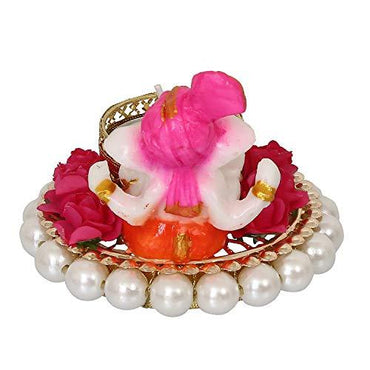 JaipurCrafts Lord Ganesha Idol on Decorative Handcrafted Plate for Home and Car Decorative Showpiece - 8 cm (Polyresin, Pink, White)