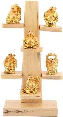JaipurCrafts Golden Laughing Buddha (Six) Showpiece - 30.48 cm (Polyresin, Wood, Brown, Gold)