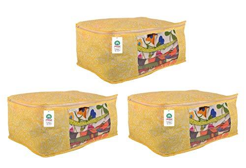 JaipurCrafts 3 Pieces Golden Print Non Woven Saree Cover Set, Gold (40 x 30 x 20 cm)