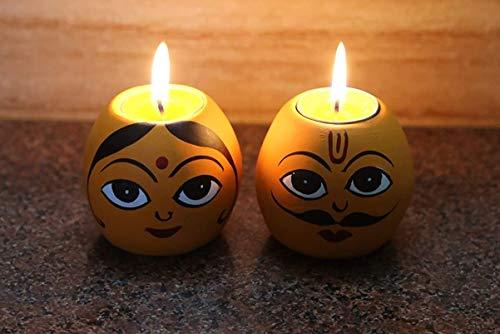 JaipurCrafts Multicolor Colors Wooden Rajasthani King and Queen Bisque T Light Holder Votive Set