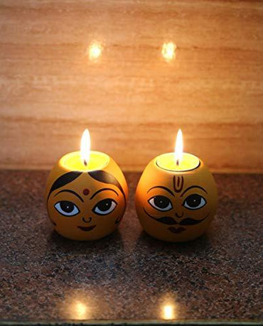 JaipurCrafts Multicolor Colors Wooden Rajasthani King and Queen Bisque T Light Holder Votive Set