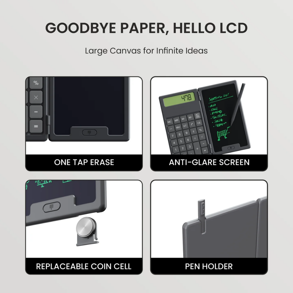 DigiFold:  2-in-1 Foldable Calculator & LCD Writing Pad – 12-Digit Pocket Calculator with 6.5-Inch Screen & Stylus for Office, School & On-the-Go Use