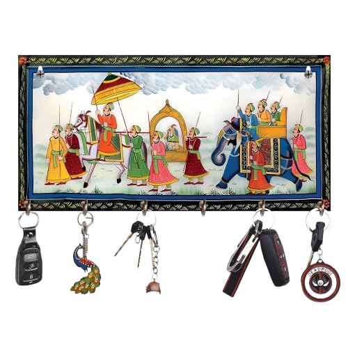 JaipurCrafts Premium HD UV Print Rajasthani Art Work Key Holder for Home/Office Decor-Keychain Holder for Wall Decor, Decorative Items for Home Decor (12x6 Inches)