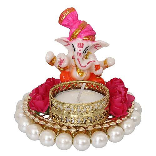 JaipurCrafts Lord Ganesha Idol on Decorative Handcrafted Plate for Home and Car Decorative Showpiece - 8 cm (Polyresin, Pink, White)