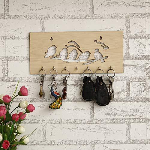 JaipurCrafts 5-Birds Wooden Key Holder (29 cm x 13.5 cm x 0.4 cm, Beige)- 7 Hooks