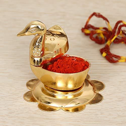 JaipurCrafts Zinc Roli-Chandan, Chawal-Akshat-Haldi -Kumkum Box with Loving Bird Duck Pair Chopda Showpiece for Pooja Purpose (6.50 cm, Gold)