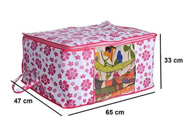 JaipurCrafts 3 Piece Underbed Storage Bag,Storage Organiser,Blanket Cover with Zippered Closure and Handle (Flower Print, 65 x 47 x 33 cm)- Extra Large