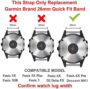 Zitel Band for Fenix 8 51mm, 7X/7X Pro, 6X/6X Pro, 5X/5X Plus, 3/3 HR, Descent MK1, Enduro, 26mm Sport Strap - Matte Black