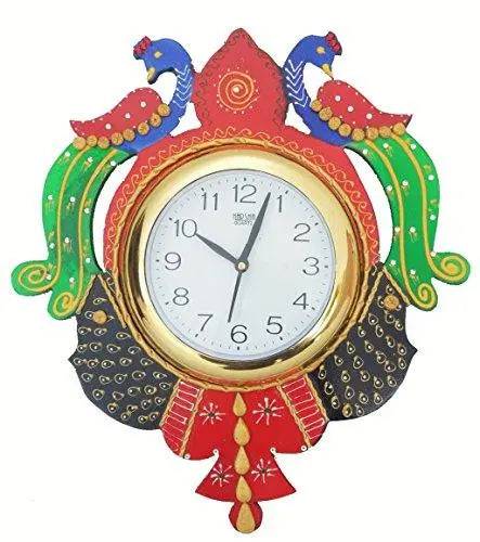 JaipurCrafts Wooden Peacock Emboss Painting Wall Clock (12 X 14 Inch, Multicolour)