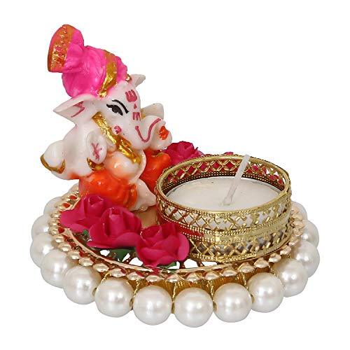 JaipurCrafts Lord Ganesha Idol on Decorative Handcrafted Plate for Home and Car Decorative Showpiece - 8 cm (Polyresin, Pink, White)