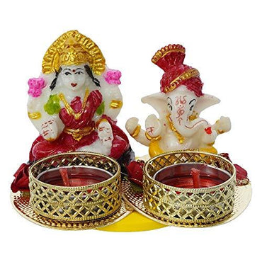 Webelkart Premium Laxmi Ganesha Idol on Decorative Handcrafted Tealight Holder for Home Decorative Showpiece - 3 Inch (Poly-Resin, Multi Color)
