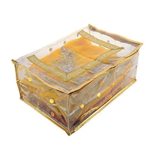 JaipurCrafts Saree Cover Full Transparent with Capacity of 10-15 Sarees (Golden Lace)