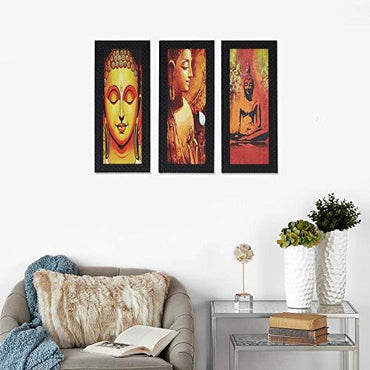 JaipurCrafts Gautam Buddha Set of 3 Large Framed UV Digital Reprint Painting (Wood, Synthetic, 41 cm x 53 cm)