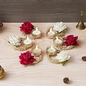 JaipurCrafts  Premium Rose Candles Holder Artificial Pack of 6 Tealight Candle Holder for Home Decor Diwali Candles for Decoration| Diwali Gifting Items (Pack of 6, 4.x 3.5 Inches) Multicolor Rose