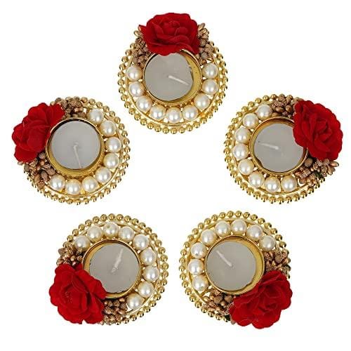 Webelkart Set of 5 Tealight Candle Holder for Home Decor, Mosaic Glass, Balcony Decoration Items Outdoor, Balcony Decor,Candle Stand,Flowers ( Pack of 5 , 3.5 Inches)