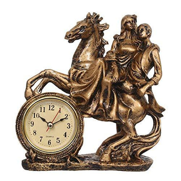 JaipurCrafts Resin Love Couple Sitting On Bike With Table Clock Statue, 18 CM, Gold, 1 Piece