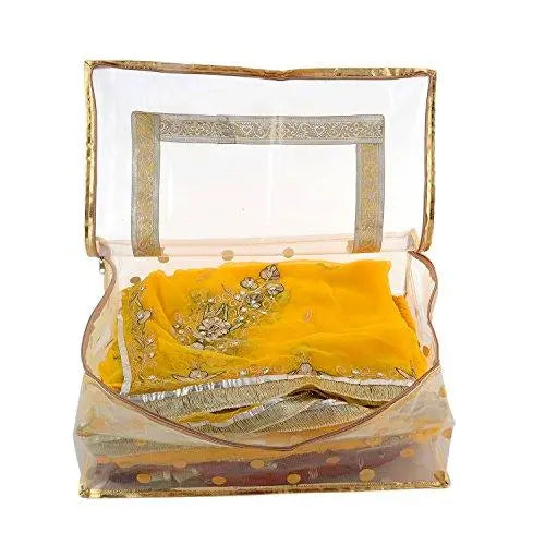 JaipurCrafts Saree Cover Full Transparent with Capacity of 10-15 Sarees (Golden Lace)