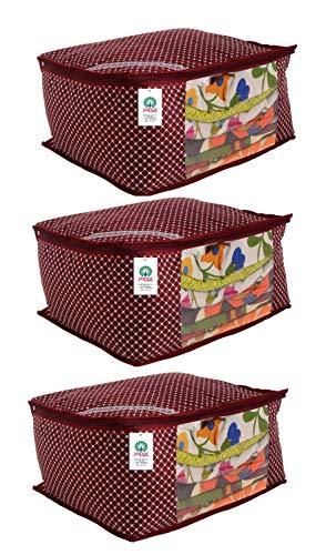 JaipurCrafts 3 Pieces Quilted Polka Dots Cotton Saree Cover Set, Maroon (40 x 30 x 20 cm)