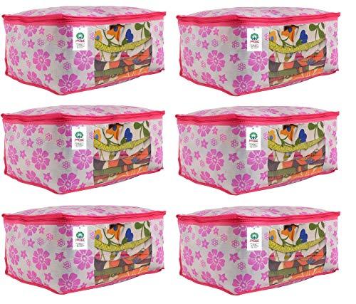 JaipurCrafts 6 Pieces Flower Print Non Woven Saree Cover Set, Pink (45 x 35 x 21 cm)