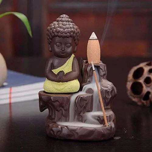 JaipurCrafts WebelKart Buddha Smoke Fountain |Buddha Incense Burner | Meditating Monk Buddha Smoke Backflow Cone Incense Holder Decorative Showpiece |Buddha Idol | Buddha Fountain |Buddha Statue (Yellow) With Free 10 Back flow Incense Cones