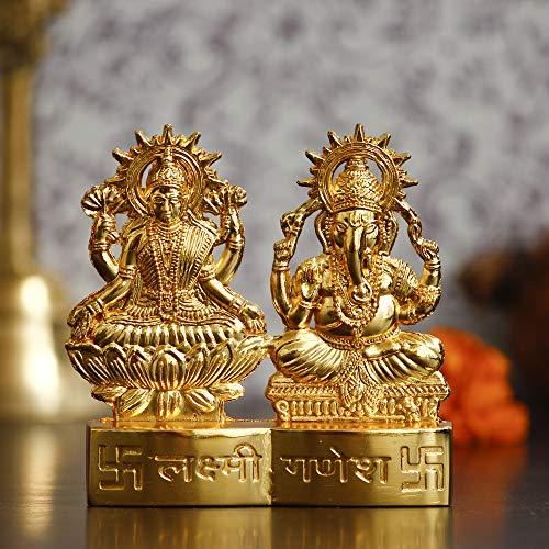 JaipurCrafts Laxmi Ganesh Gold Plated Statue - Idol for Car Dashboard, Home, Office Décor, Gifting Decorative Showpiece, Temple Gift (Zinc, Golden)- 2.75 in x 2.75 in