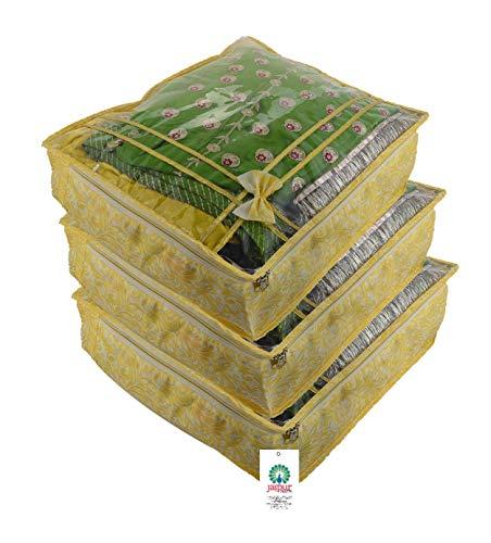JaipurCrafts 3 Pieces Flowers Print Non Woven Saree Cover Set, Gold(45 x 35 x 16 cm)