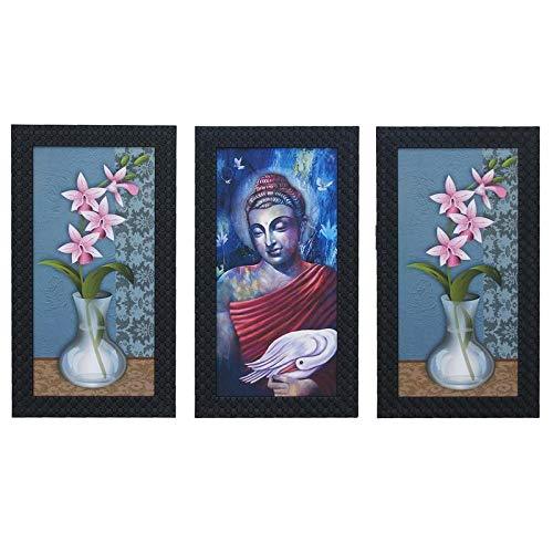JaipurCrafts Gautam Buddha Set of 3 Large Framed UV Digital Reprint Painting (Wood, Synthetic, 33 cm x 61 cm)