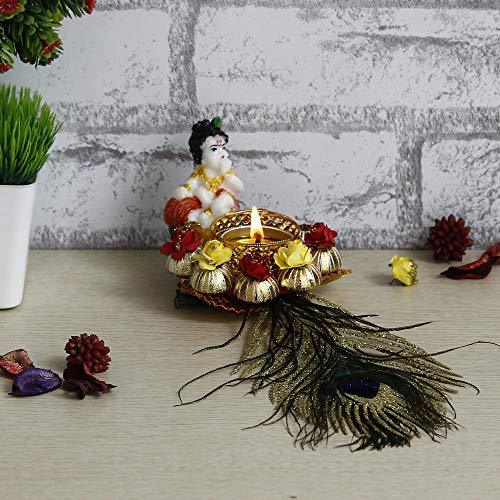 Webelkart Premium Lord Krishna Idol on Decorative Handcrafted Tealight Holder for Home Decorative Showpiece - 10.50 x 4 x 3 inch (Poly-Resin, Multi Color)
