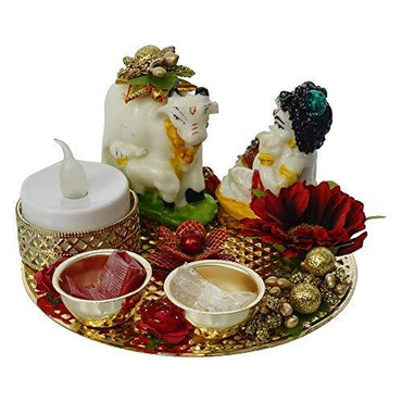 Webelkart Premium Lord Krishna & Cow with Roli Chawal Decorative Handcrafted Tealight Holder for Home Decorative Showpiece - 4.75 x 4.75 x 2.75 inch (Poly-Resin, Multi Color)