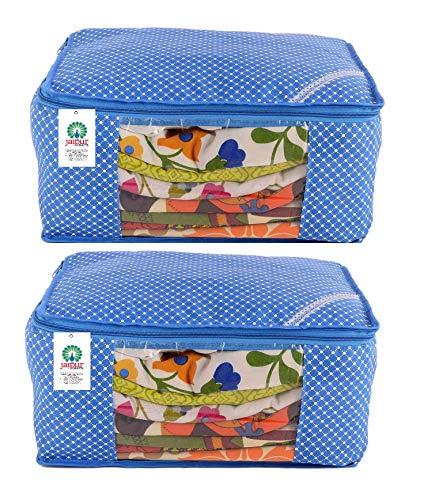 JaipurCrafts Quilted Polka Dots Cotton Saree Cover Set/Saree Storage Bag, (40 x 30 x 20 cm)-Pack of 2 (Cotton-Blue)